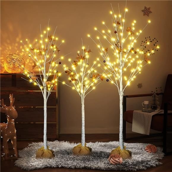 Lighted Birch Tree, 4 feet 5 feet & 6 Feet Sets of 3 w/ 200 Cherry Blossom Light - Picture 1 of 7
